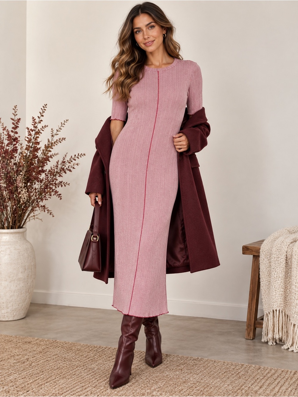 rag & bone Dusty Pink Ribbed Maxi Dress with Center Seam s/p